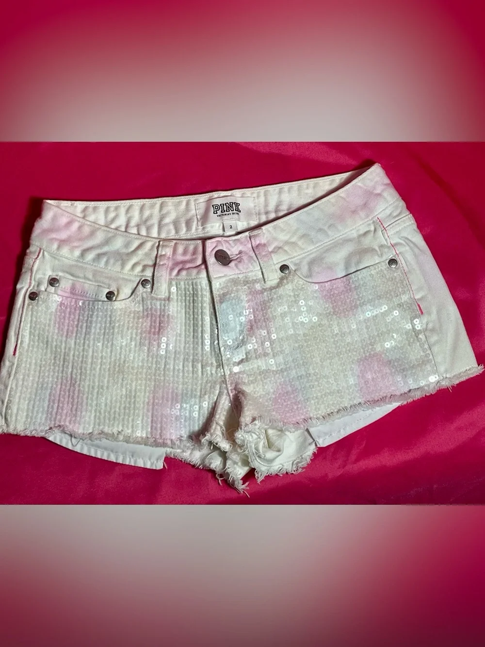 PINK Victoria's Secret White and Pink Sequin Tie-Dye Denim Shorts